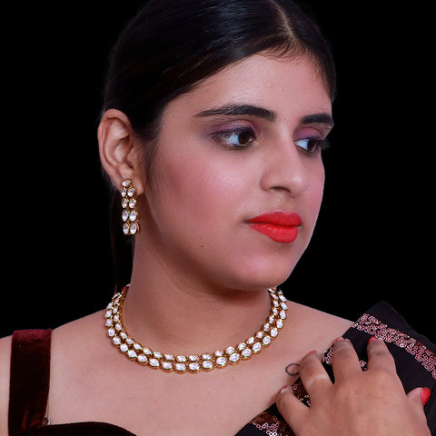 Designer Gold Plated Royal Kundan Necklace with Earrings (D502)