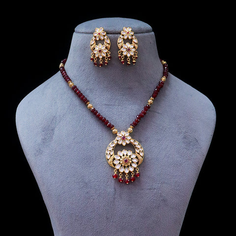 Designer Gold Plated Royal Kundan & Ruby Pendant Set (D545)