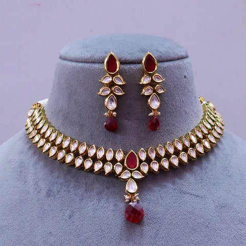 Designer Gold Plated Royal Kundan & Ruby Necklace with Earrings (D508)