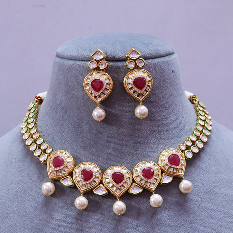 Designer Gold Plated Kundan & Ruby Necklace with Earrings