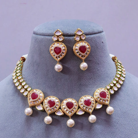 Designer Gold Plated Royal Kundan & Ruby Necklace with Earrings (D507)