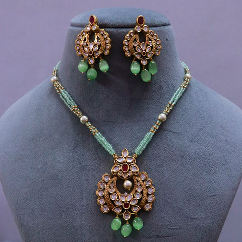 Designer Gold Plated Royal Kundan, Ruby & Mint Pendant Set (D504)