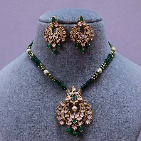 Designer Gold Plated Royal Kundan & Emerald Pendant Set (D505)