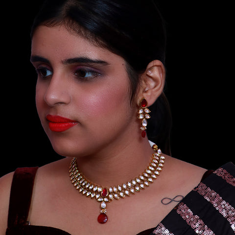 Designer Gold Plated Royal Kundan & Ruby Necklace with Earrings (D508)