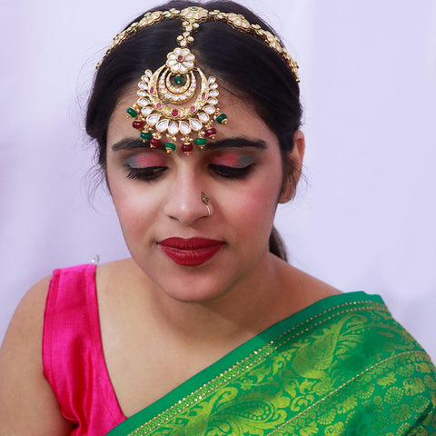 Designer Gold Plated Royal Kundan Ruby & Emerald Sheeshphool/Mathapatti (D82)