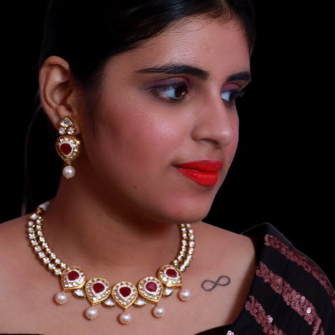 Designer Gold Plated Kundan & Ruby Necklace with Earrings