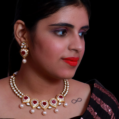 Designer Gold Plated Royal Kundan & Ruby Necklace with Earrings (D507)
