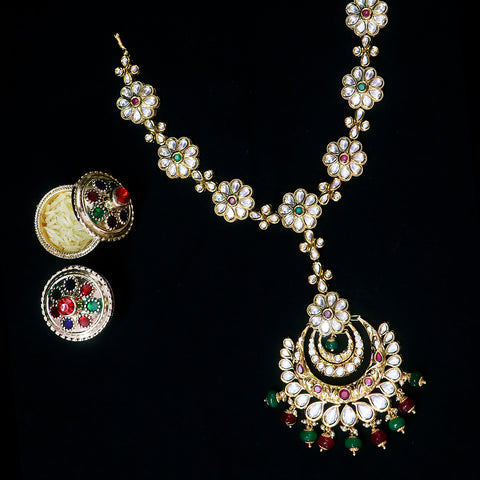 Designer Gold Plated Royal Kundan Ruby & Emerald Sheeshphool/Mathapatti (D82)