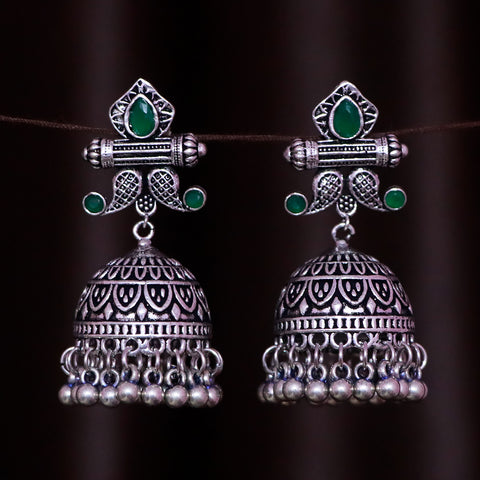 Traditional Style Oxidized Earrings With Green Color Beads for Casual Party (E541)