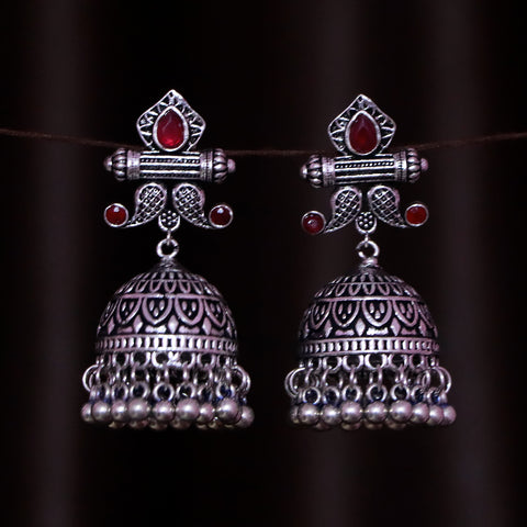 Traditional Style Oxidized Earrings With Red Color Beads for Casual Party (E540)