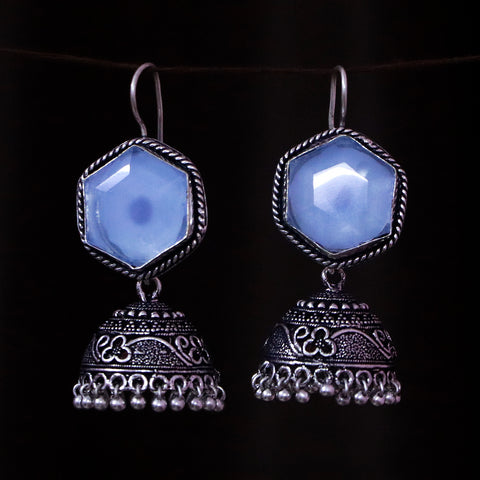 Traditional Style Oxidized Earrings With Blue Color Beads for Casual Party (E555)