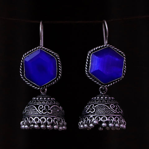Traditional Style Oxidized Earrings With Blue Color Beads for Casual Party (E554)
