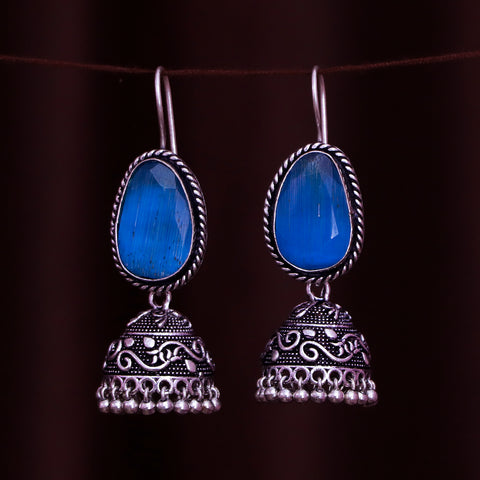 Traditional Style Oxidized Earrings With Blue Color Bead for Casual Party (E547)