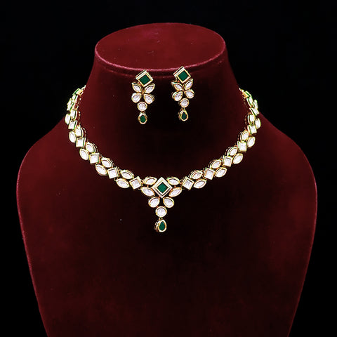 Designer Gold Plated Royal Kundan Emerald Necklace With Earrings (D538)
