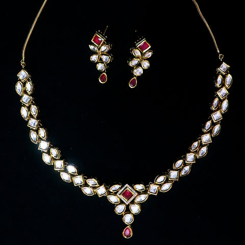 Designer Gold Plated Royal Kundan Ruby Necklace With Earrings (D539)