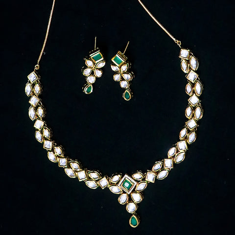 Designer Gold Plated Royal Kundan Emerald Necklace With Earrings (D538)