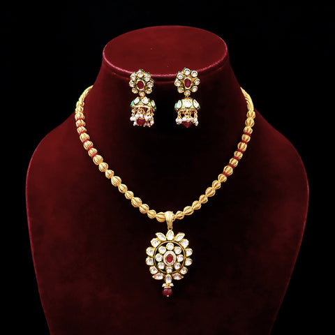 Designer Gold Plated Royal Kundan & Ruby Pendant Set (D550)