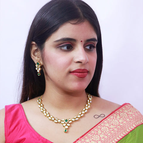 Designer Gold Plated Royal Kundan Necklace With Earrings (D538)