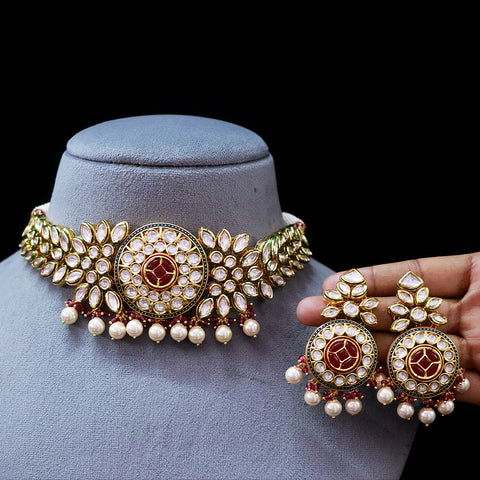 Designer Gold Plated Royal Kundan & Ruby Necklace (D531)