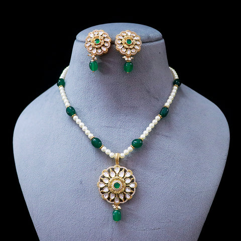 Designer Gold Plated Royal Kundan & Emerald Pendant Set (D549)