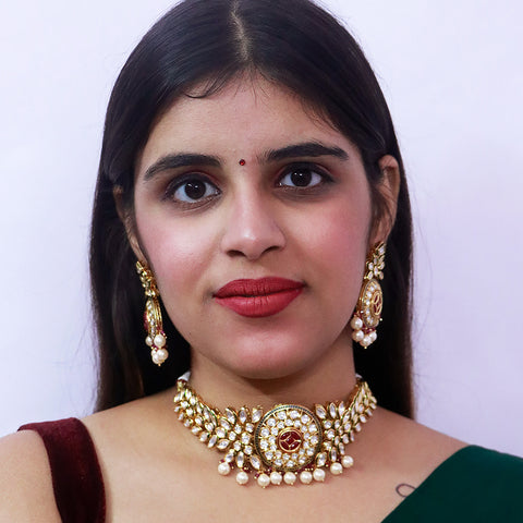 Designer Gold Plated Royal Kundan & Ruby Necklace (D531)