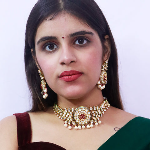 Designer Gold Plated Royal Kundan & Ruby Necklace (D531)