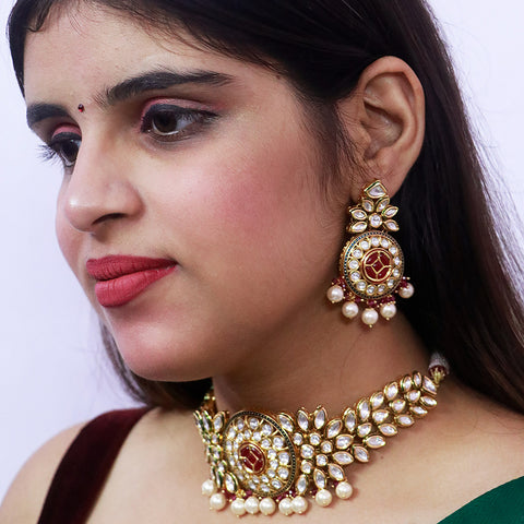 Designer Gold Plated Royal Kundan & Ruby Necklace (D531)