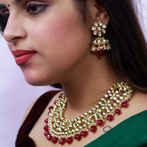 Designer Gold Plated Royal Kundan & Ruby Necklace (D530)