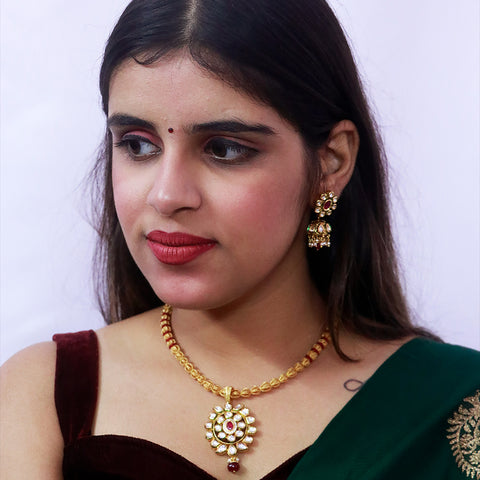 Designer Gold Plated Royal Kundan & Ruby Pendant Set (D550)