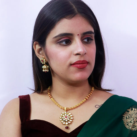Designer Gold Plated Royal Kundan & Ruby Pendant Set (D550)