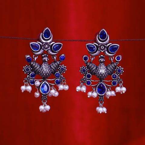 Traditional Style Oxidized Earrings With Blue Color Beads for Casual Party (E567)
