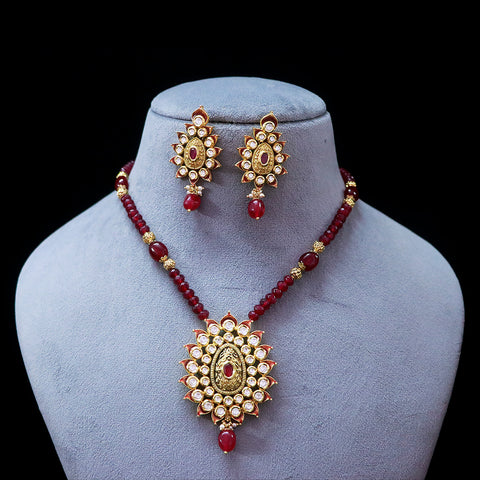 Designer Gold Plated Royal Kundan & Ruby Pendant Set (D544)