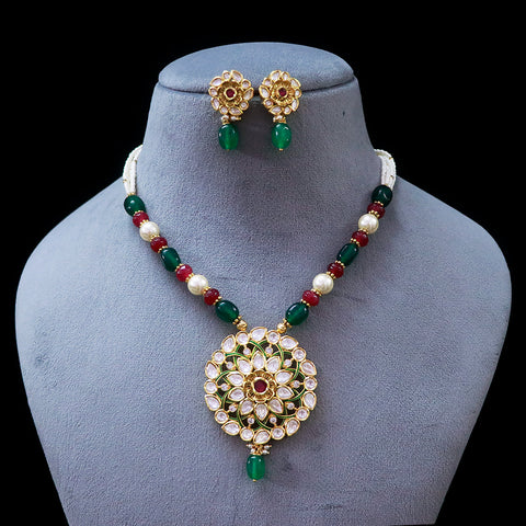 Designer Gold Plated Royal Kundan Emerald & Ruby Pendant Set (D554)