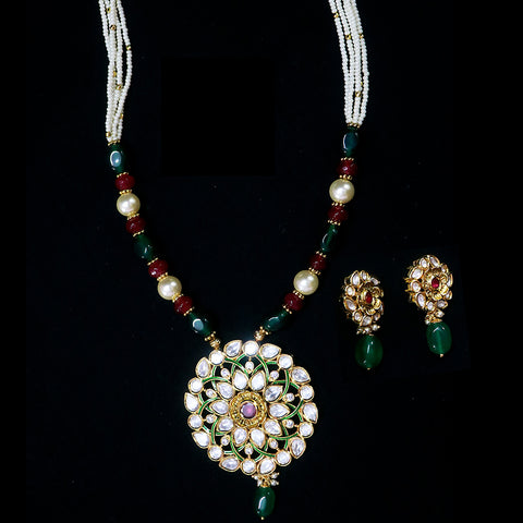 Designer Gold Plated Royal Kundan Emerald & Ruby Pendant Set (D554)