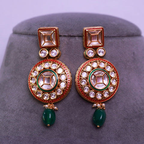 Gold Plated Beautifully Royal Kundan & Emerald Beaded Earrings (E532)