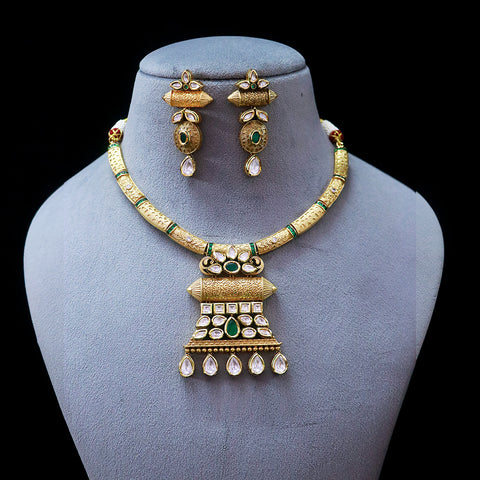 Designer Gold Plated Royal Kundan & Emerald Necklace (D556)