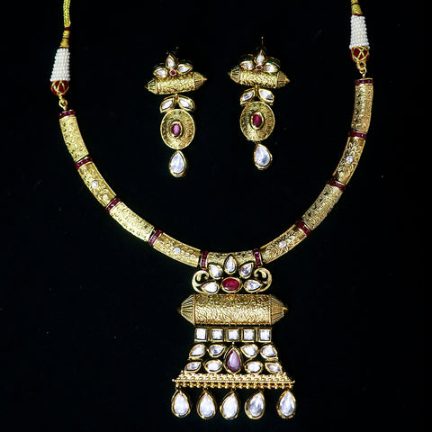 Designer Gold Plated Royal Kundan & Ruby Necklace (D555)