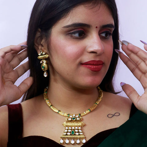 Designer Gold Plated Royal Kundan & Emerald Necklace (D556)