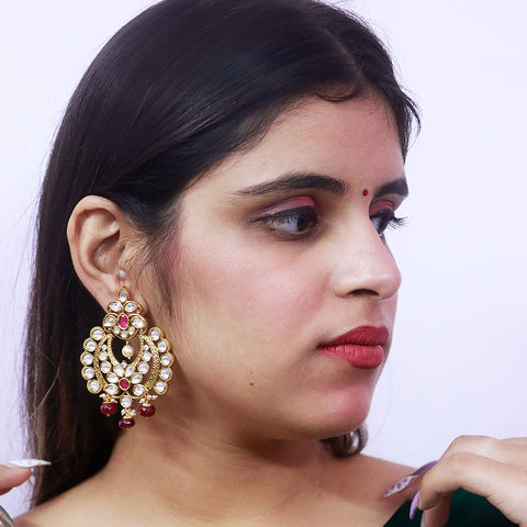 Gold Plated Beautifully Royal Kundan & Ruby Beaded Earrings (E605)