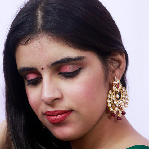 Gold Plated Beautifully Royal Kundan & Ruby Beaded Earrings (E605)