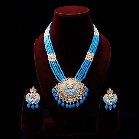Designer Gold Plated Royal Kundan & Blue Long Necklace (D527)