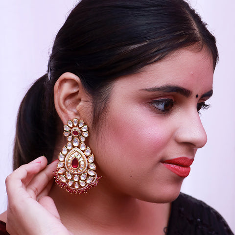 Gold Plated Beautifully Royal Kundan & Ruby Beaded Earrings (E528)