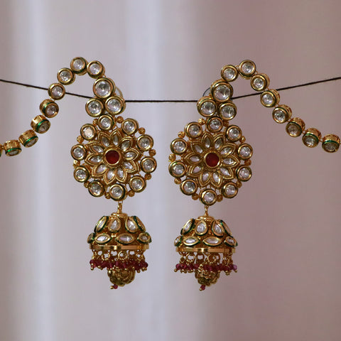 Gold Plated Beautifully Royal Kundan & Ruby Beaded Earrings (E527)