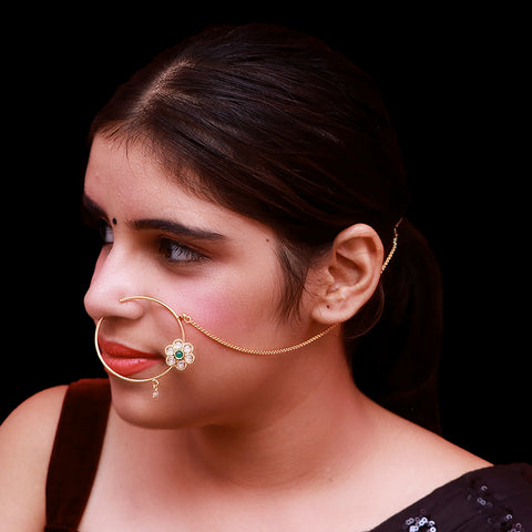 Gold Plated Royal Kundan & Emerald Studded Nose Ring with Chain - NATH (Design 23)