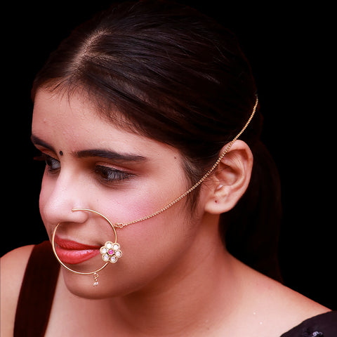 Gold Plated Royal Kundan & Ruby Studded Nose Ring with Chain - NATH (Design 24)