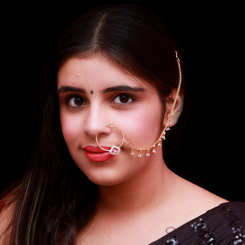 Gold Plated Royal Kundan & Ruby Studded Nose Ring with Chain - NATH (Design 26)