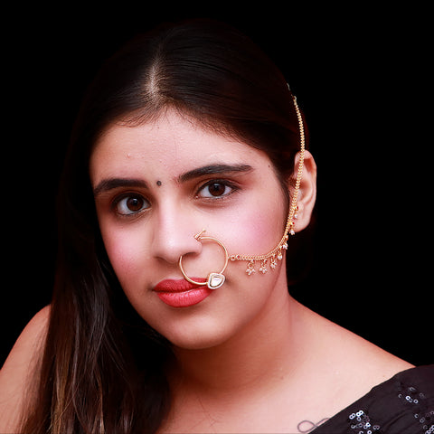 Gold Plated Royal Kundan Studded Nose Ring with Chain - NATH (Design 25)