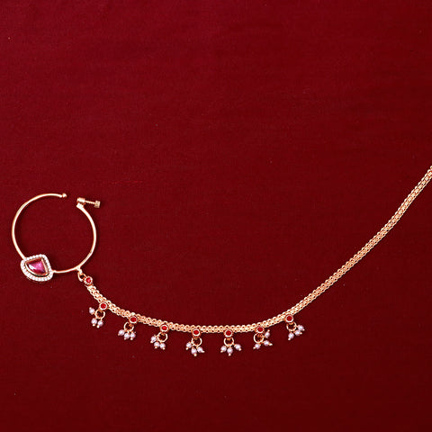 Gold Plated Royal Kundan & Ruby Studded Nose Ring with Chain - NATH (Design 26)