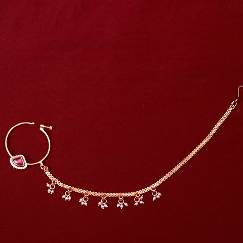 Gold Plated Royal Kundan & Ruby Studded Nose Ring with Chain - NATH (Design 26)