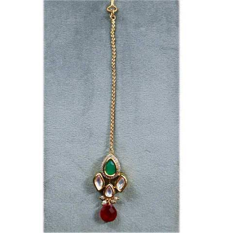 Designer Gold Plated Royal Kundan & Emerald Maangtikka (D50)